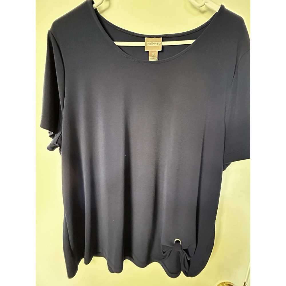Chico's Top Blouse Womens Navy Pullover Short Sleeve Tie Side Stretch Size 3